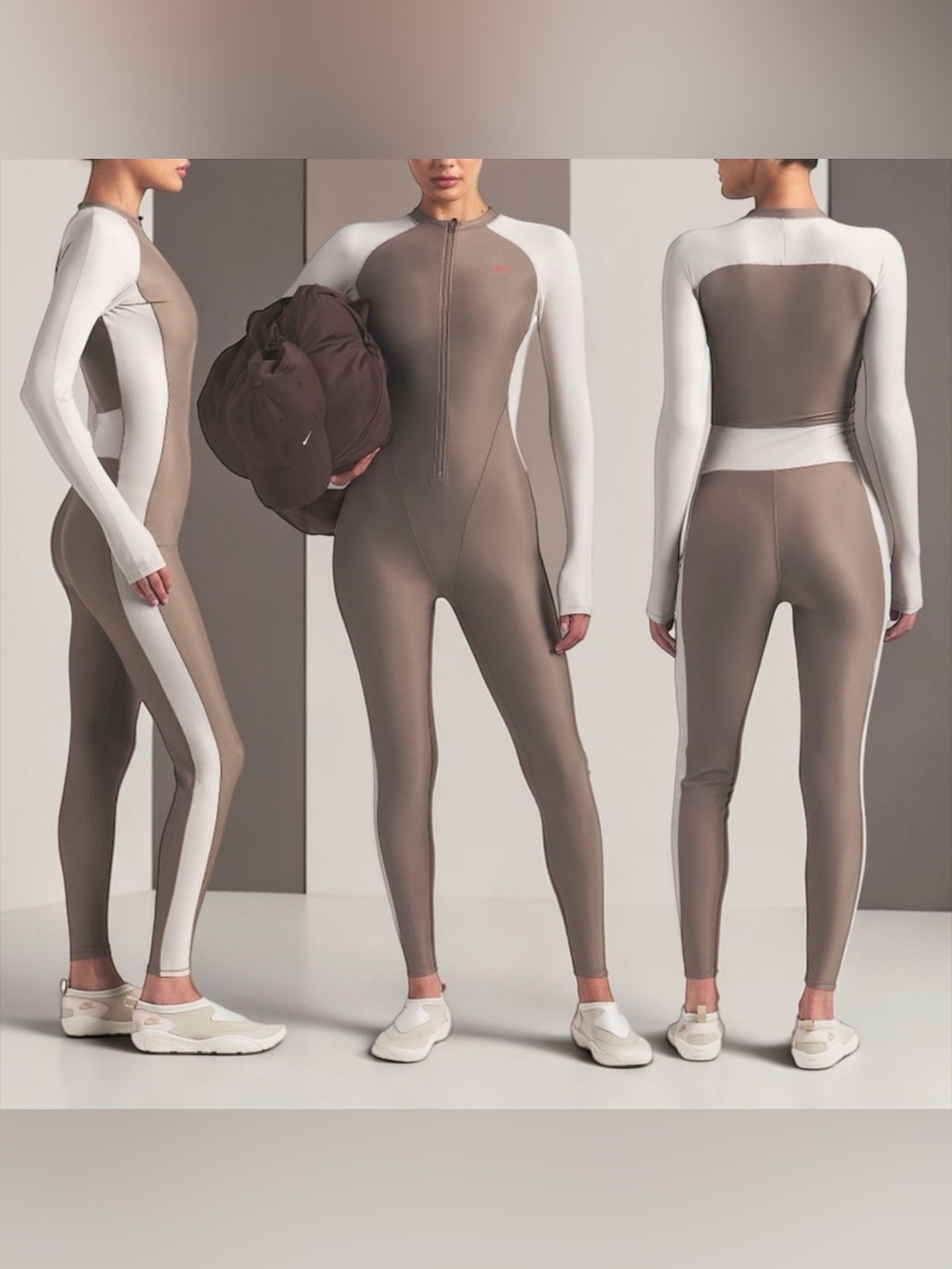 ✨ NikeSKIMS Shine Women’s Zip-Front Long Bodysuit | Truffle/Stone | S | NWT 🤍